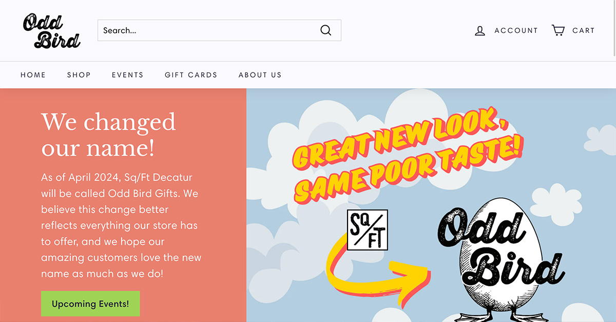 The homepage of OddBirdGifts.com announcing their rebrand Lenz helped with.