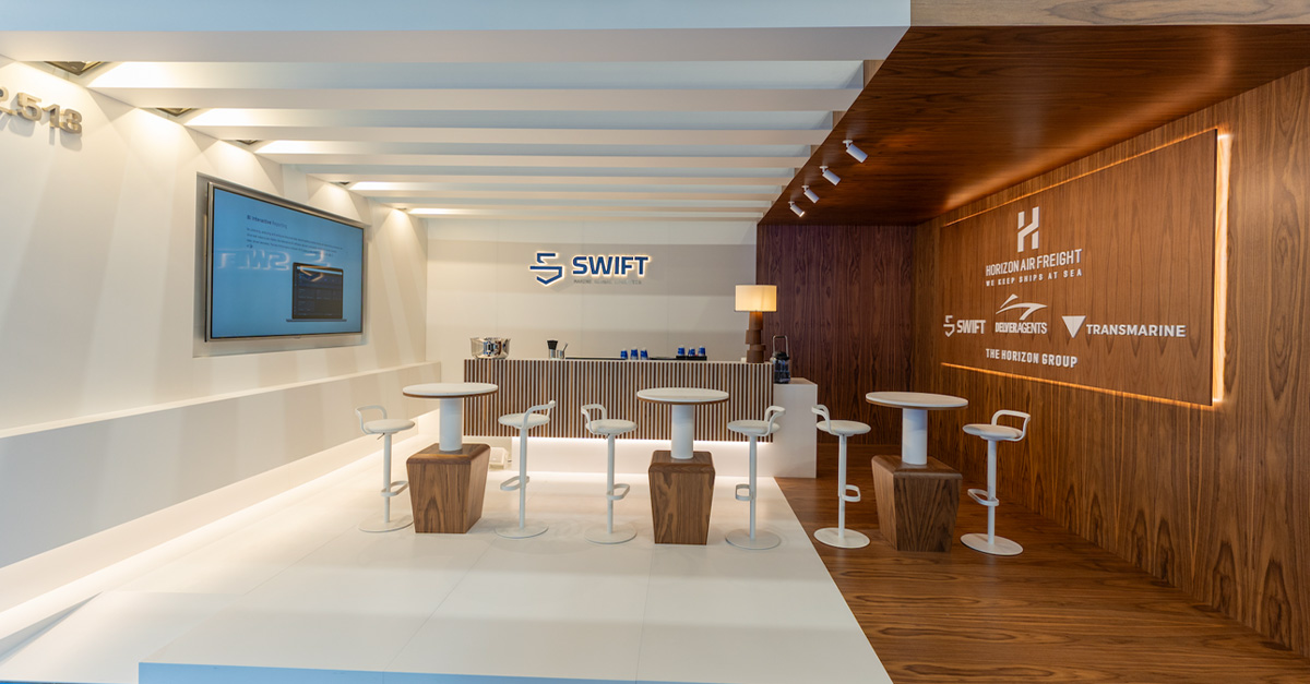 A farther view of the entire Swift Marine exhibitor booth at 2024 Posidonia